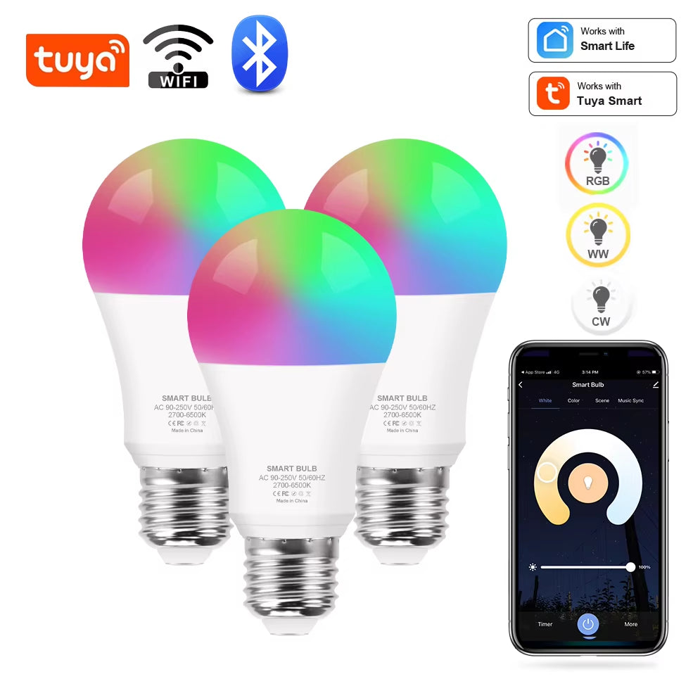 Tuya Wifi/Bluetooth Smart Bulb Alexa Led Lamp E27 RGB Smart Light Bulbs 110V 220V Smart Lamps for Google Assisatnt Smart Life